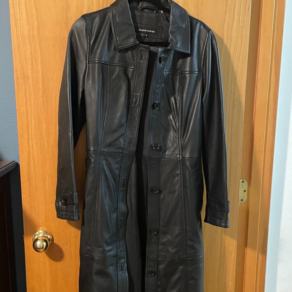 Wilson's black leather trench coat
